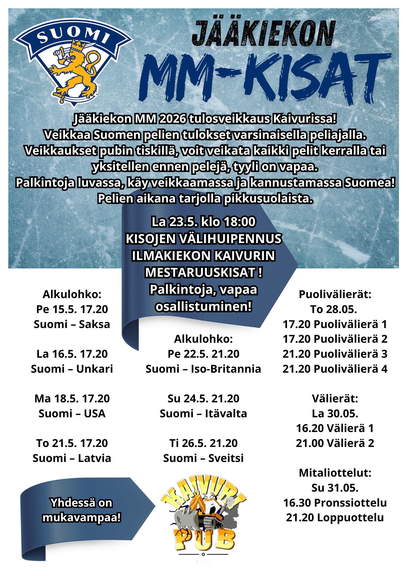 Read more about the article ILMAKIEKON MESTARUUSKISAT & JÄÄKIEKON MM-KISAVEIKKAUKSET